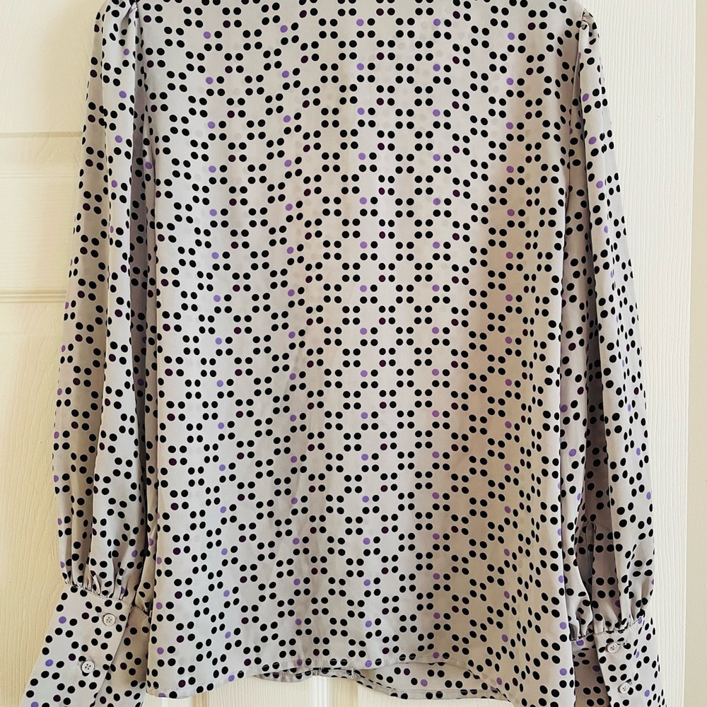 Womens Dress Shirt, White with black and purple Polka Dots